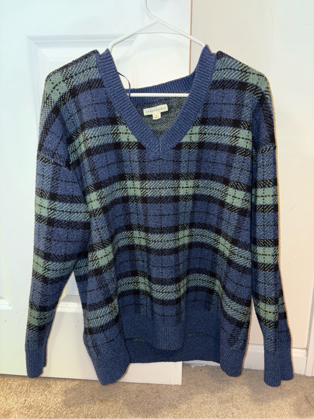 Aeropostale Plaid V-Neck Sweater - Blue & Green